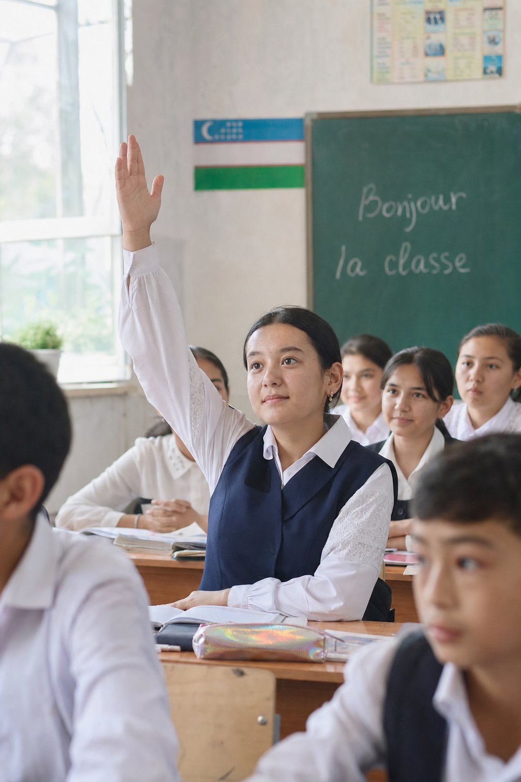 Une élève lève la main pendant un cours de français